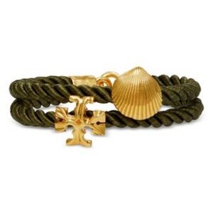 NWT Tory Burch Double Strand Olive Rope Gold Seashell Logo Bracelet $148 Dustbag